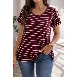 Glitz Burgundy White Striped Cutout Shoulder Short Sleeve‎ Top Large